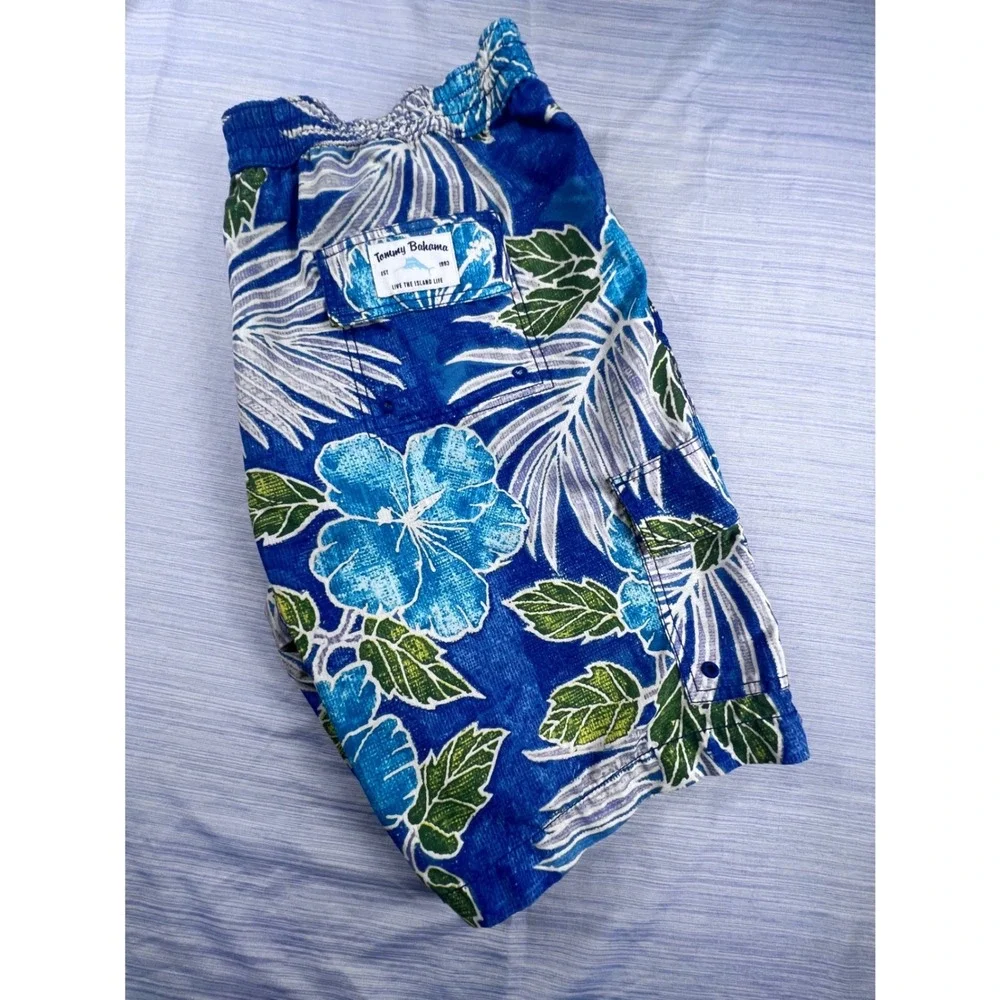 Tommy Bahama Mens XL Blue Tropical Hibiscus Palm Mesh Swim Trunks Cargo Shorts